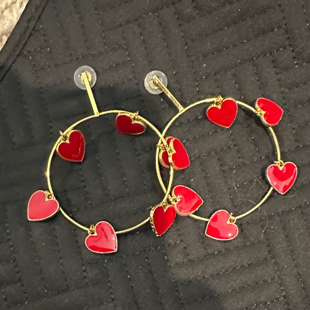 Gold Hoop Earrings with Red Heart Charms